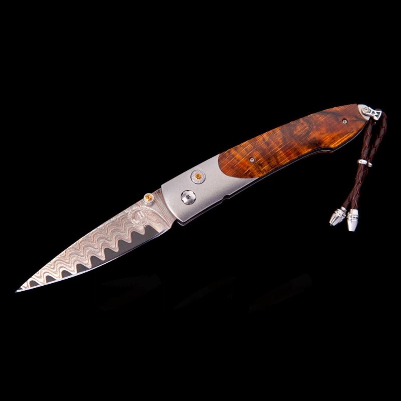 William Henry Lancet "Summerset" Knife Features A Frame Of Titanium Inlaid W/ Orange Spalted Beechwood